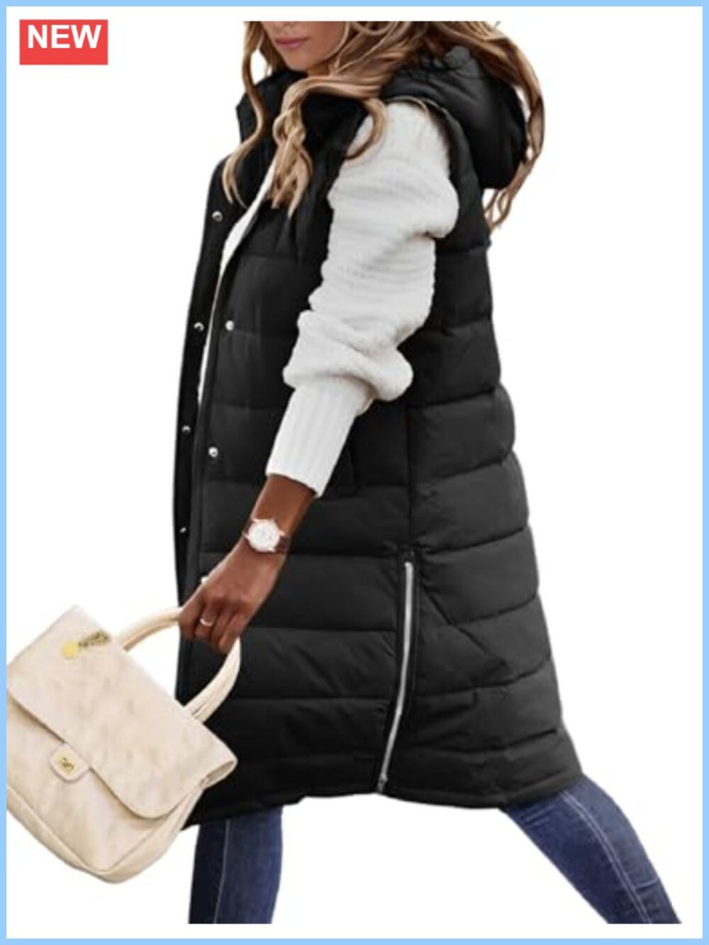 Long Puffer Vest Hooded Zip Up Thick Warm Winter Sleeveless Jacket
